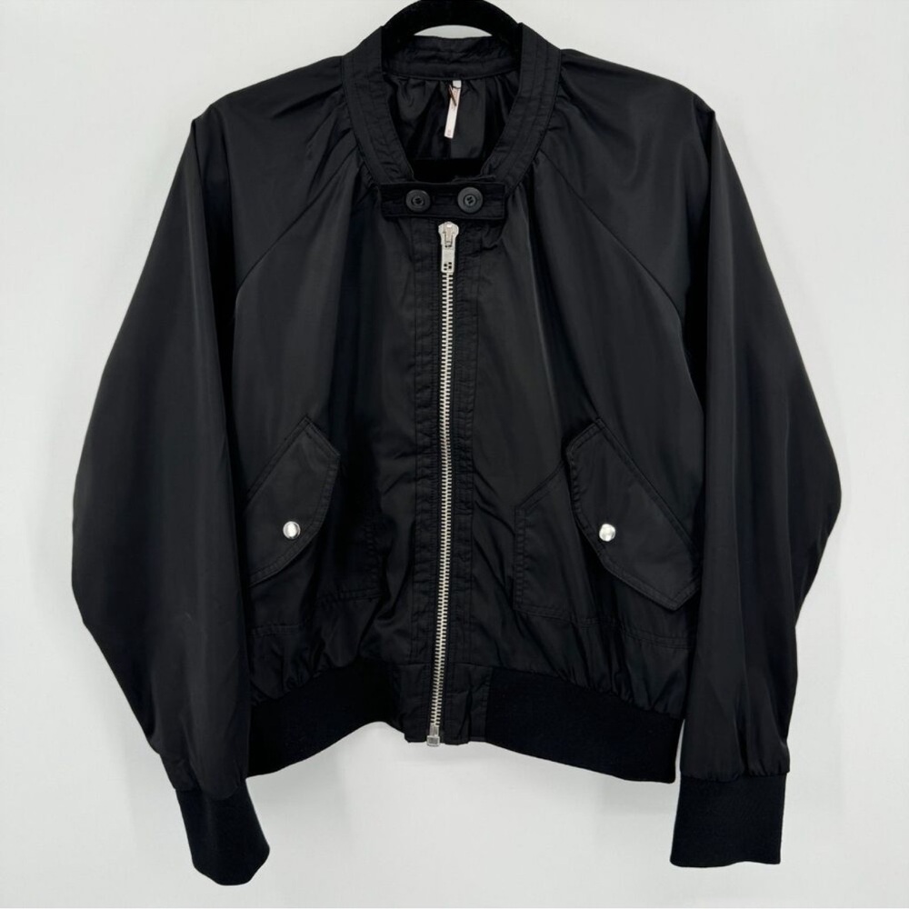 FREE PEOPLE Black Midnight Satin Full Zip Oversized Bomber Jacket L - Picture 8 of 16